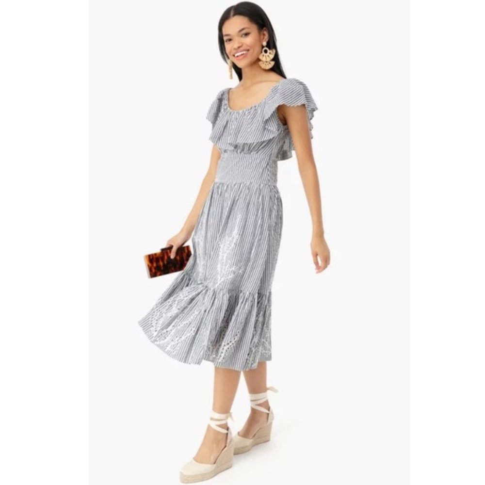 NWT Tory Burch Runway Striped Eyelet Embroidered Cotton Midi Dress Sz 4 - Picture 1 of 16